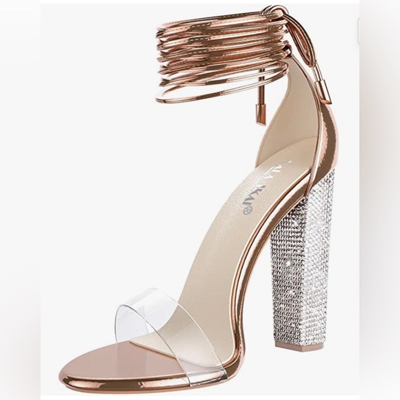 Women’s Gold Rhinestone High Heels Sandals Ankle Strappy Clear Chunky Heels - Picture 1 of 4